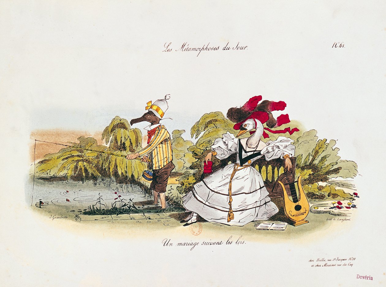 Avioliitto kirjan mukaan, karikatyyri sarjasta "Les Metamorphoses du Jour", kaivertaja G. Langlume (1822-40) (ks. myös 177458). tekijältä Grandville