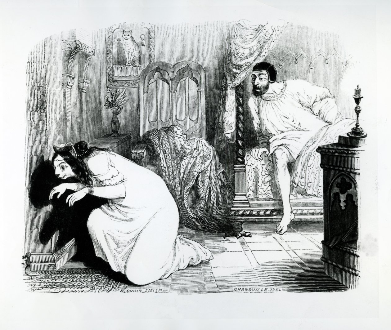 Kissasta naiseksi muuttunut kissa, kuvitus La Fontainen "Fables" -teokseen, julkaisija H. Fournier Aine, 1838. tekijältä Grandville