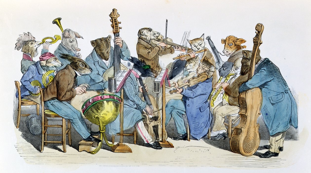 Uusi musiikillinen kieli, karikatyyri Les Metamorphoses du Jour -sarjasta, uusintapainos vuonna 1854 tekijältä Grandville