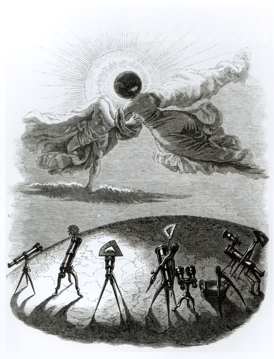 "The Sun Embraces the Moon: Eclipse of the Sun", kuvitus "Un Autre Mondesta", julkaisi H. Fournier Pariisissa vuonna 1844 tekijältä Grandville