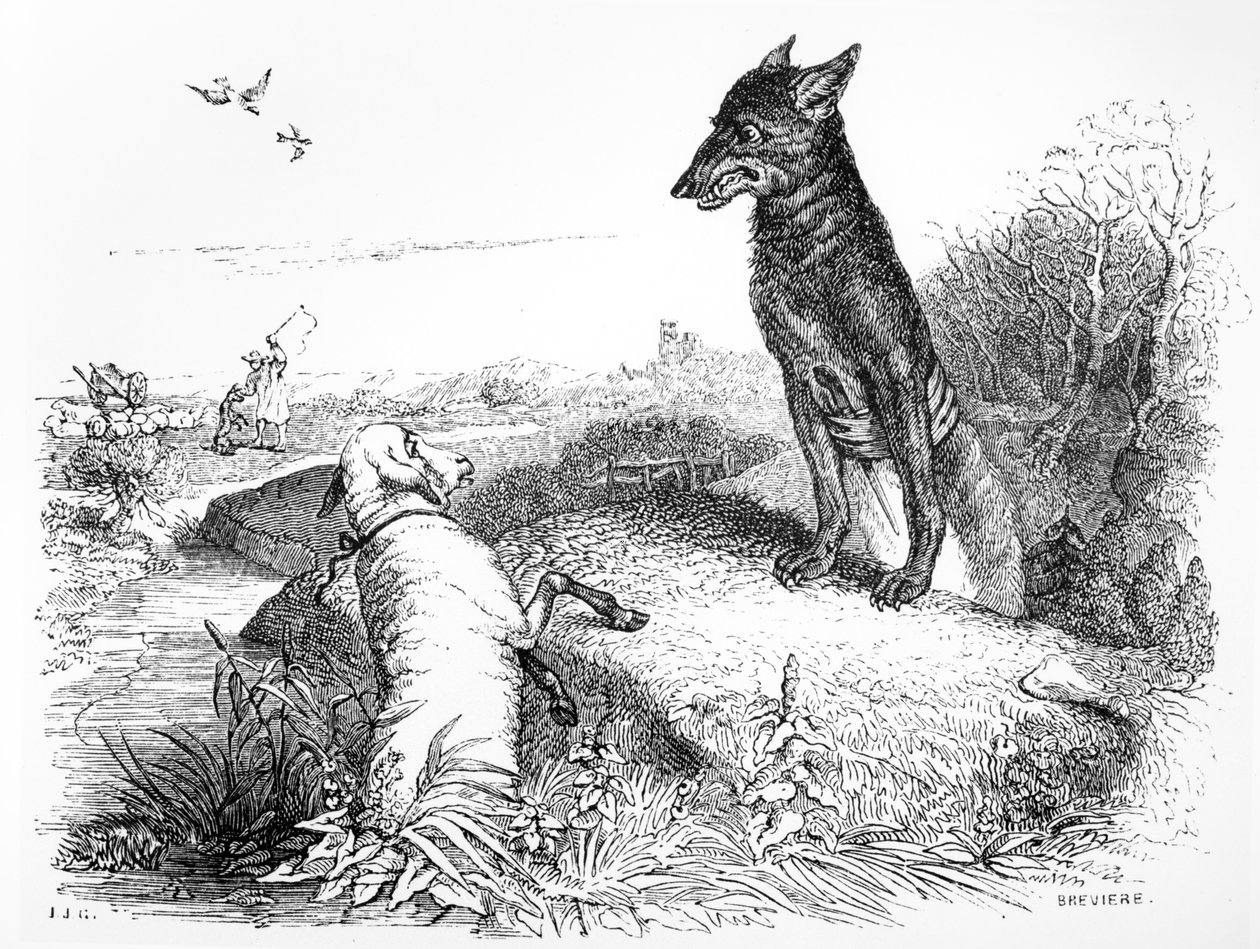 Susi ja lammas, kuvitus La Fontainen taruille, julkaisija H. Fournier Aine, 1838 tekijältä Grandville