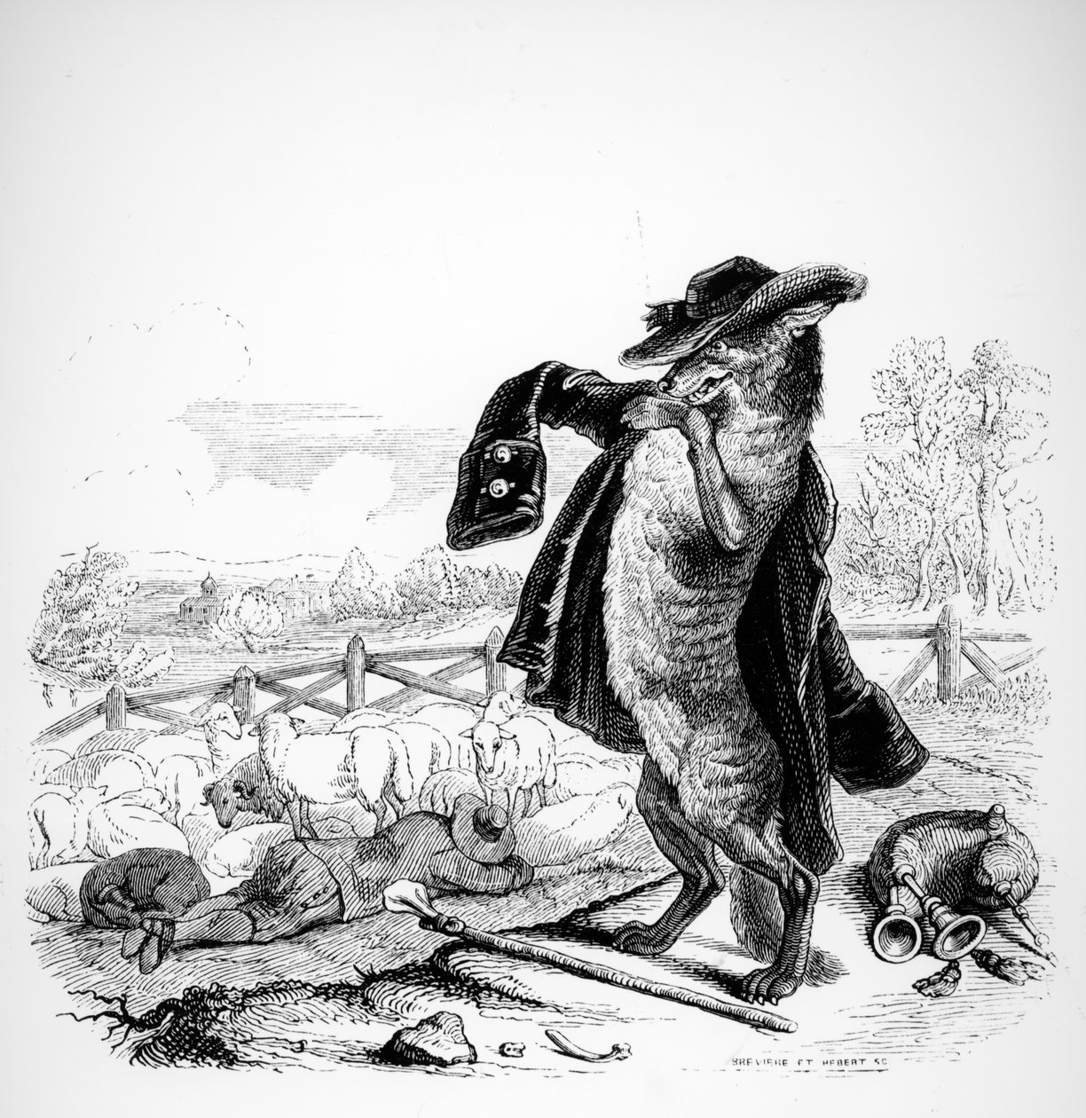 The Wolf kääntyi paimen, kuvitus "Fables" of La Fontainen (1621-95), julkaisija H. Fournier Aine, 1838 tekijältä Grandville