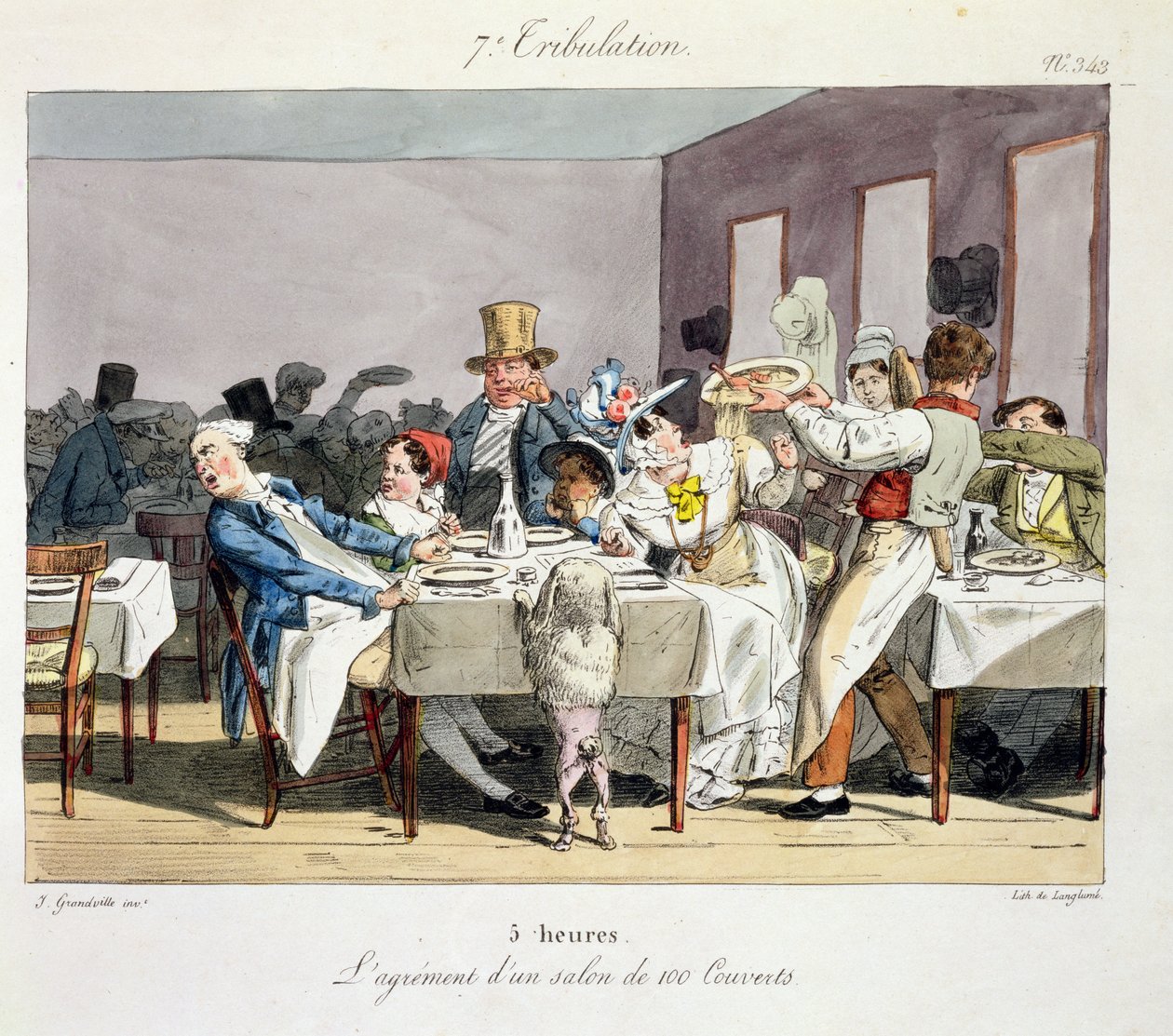 Satapaikkainen ravintola: kello 5, teoksesta "Sunnuntait Paris Bourgeois", kaivertanut Langland, julkaistu 1826 tekijältä Grandville