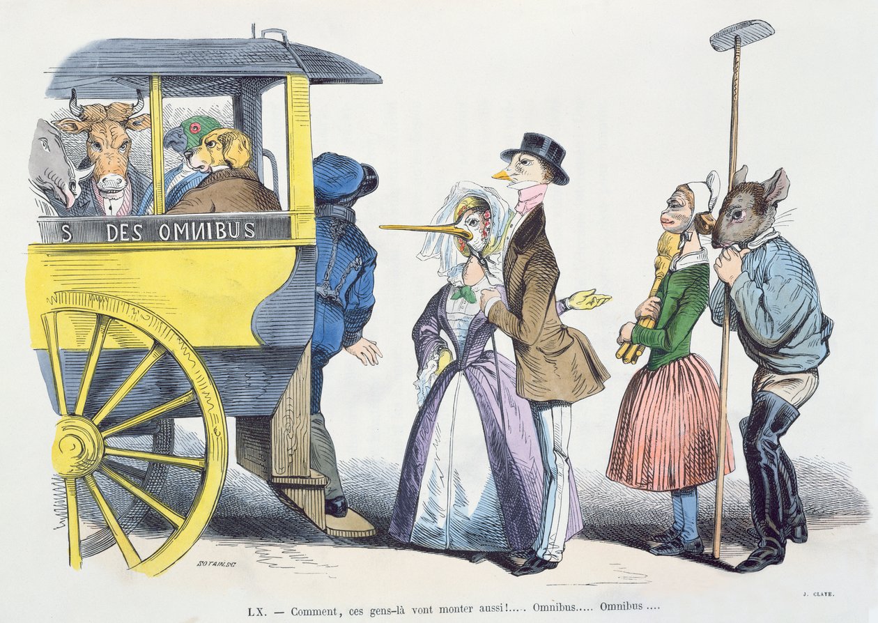 "Mitä tarkoitat, että nämä ihmiset tulevat toimeen yhtä hyvin?" Karikatyyri sarjasta "Les Metamorphoses du Jour", uusintapainos vuodelta 1854. tekijältä Grandville