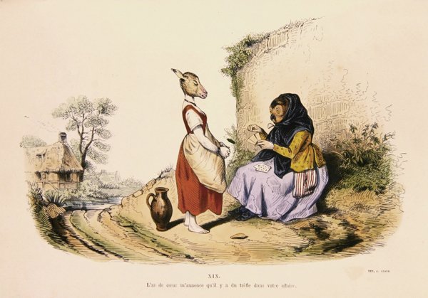 "Pöllö kertoo aasin onnen", karikatyyri Les Metamorphoses du Jour -sarjasta, uusintapainos vuonna 1854 (värillinen kaiverrus) tekijältä Grandville