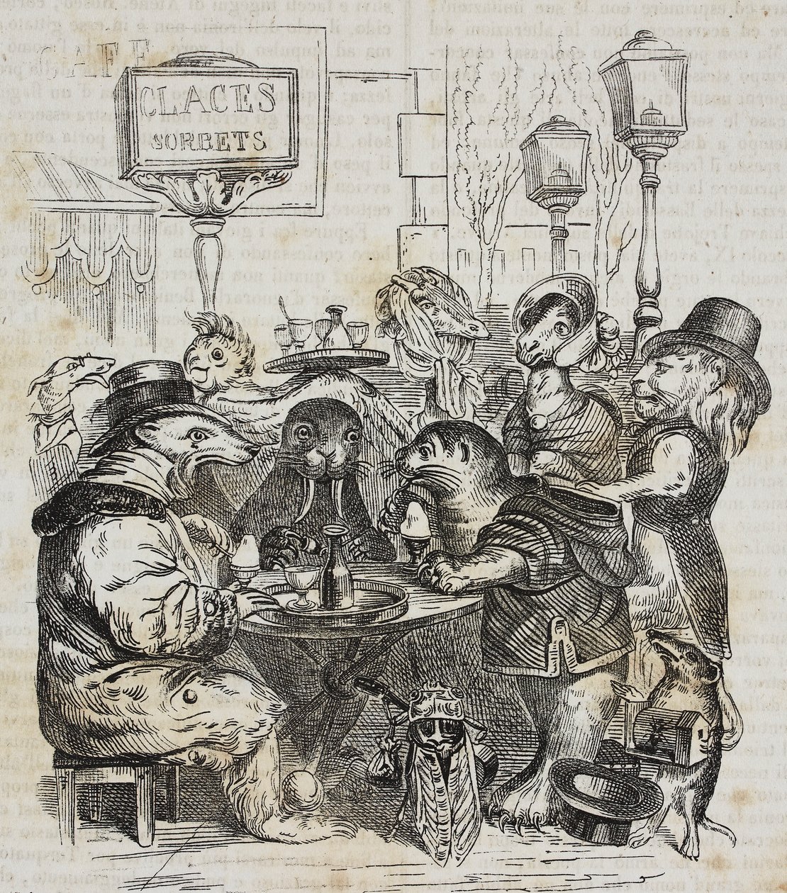 Pedot istuvat jäätelökaupassa, Giovanni Marianin litografia Jean-Jacques Grandvillen (1803-1847) pilapiirroksesta Poliorama Pittorescosta, n:o 24, 21. tammikuuta tekijältä Grandville