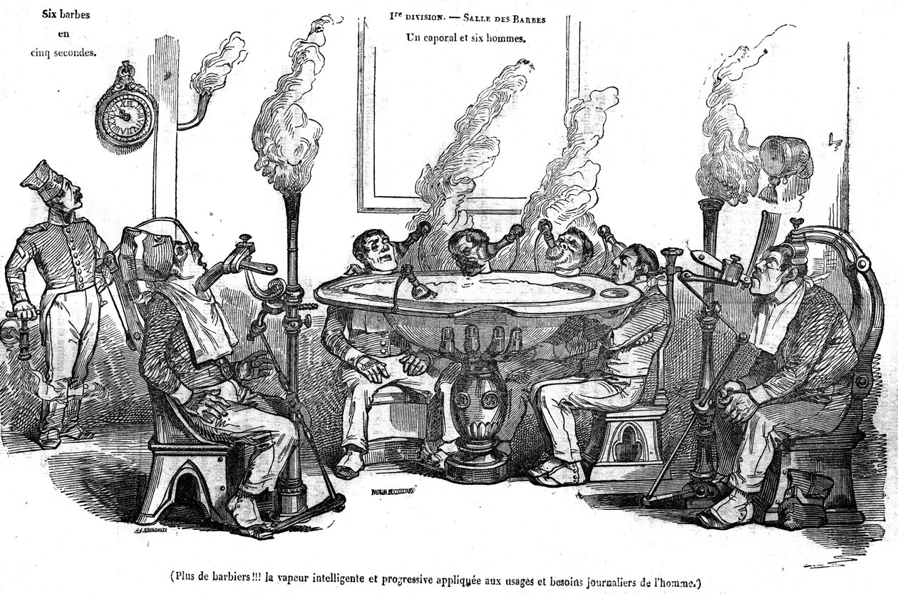 Sarjakuva Grandvillestä, joka kuvaa korpraalia ja hänen miehiään Salle des Barbesissa istumassa höyrykoneen kanssa ajelemassa niitä ilman parturien apua. "" Maalauksellisessa kaupassa"" 1835 tekijältä Grandville