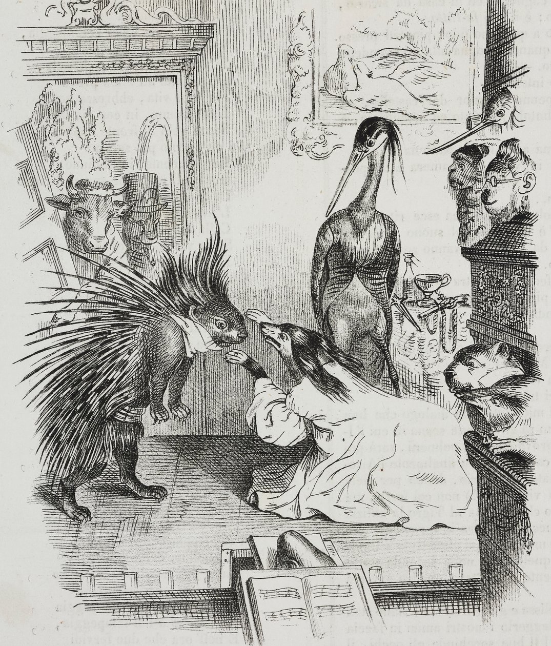 Koira ja piikki, Jean-Jacques Grandvillen (1803-1847) karikatyyri, Giovanni Marianin litografia Poliorama Pittorescosta, n:o 38, 30. huhtikuuta tekijältä Grandville