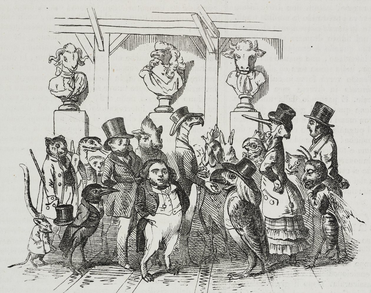 Uloskäynti teatterista, karikatyyri Jean-Jacques Grandville (1803-1847), litografia Giovanni Mariani, Poliorama Pittoresco, n. 39, 7. toukokuuta tekijältä Grandville
