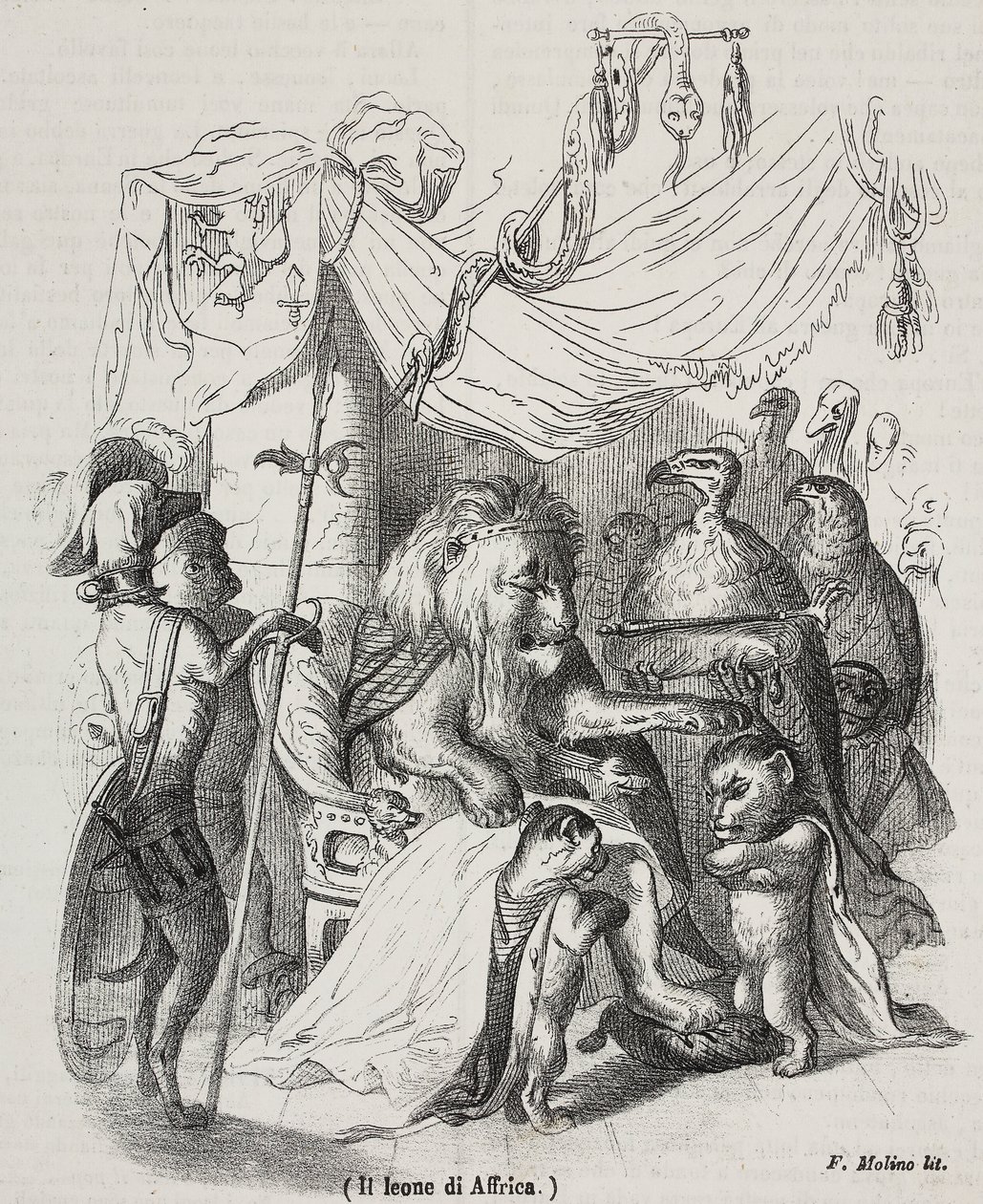 Afrikan leijona, hahmo tarinassa Afrikan leijonasta ja kolmesta alkuperäisestä nuoresta leijonasta, Filippo Molinon (1804-1856) litografia Jean-Jacques Grandvillen (1803-1847) piirtämänä, tekijältä Grandville