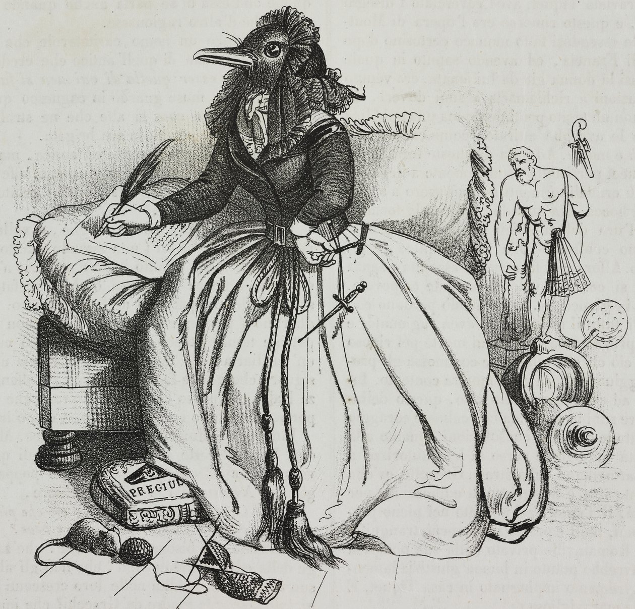 Lukutaito nainen, karikatyyri Jean-Jacques Grandville (1803-1847), litografia Giovanni Mariani Poliorama Pittorescosta, n:o 18, 11. joulukuuta tekijältä Grandville