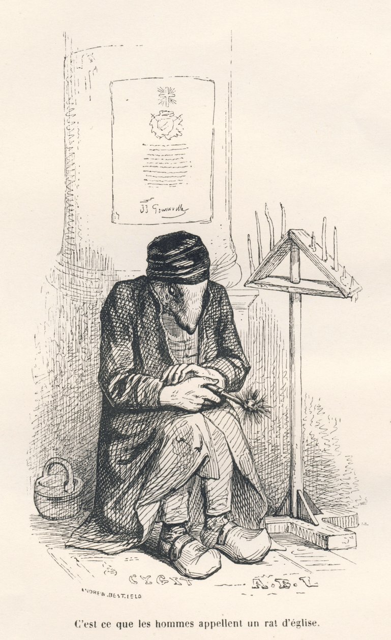 Kirkon rotta. Vinjetit kuvittanut JJ Granville. Kaiverrus allekirjoitettu Andrew, Best ja Leloir Edouard Lemoinen kirjoittamassa osassa "The Philosopher rotta" "Eläinten yksityisen ja julkisen elämän kohtaukset". Paris, J. Hetzel ja Paulin tekijältä Grandville