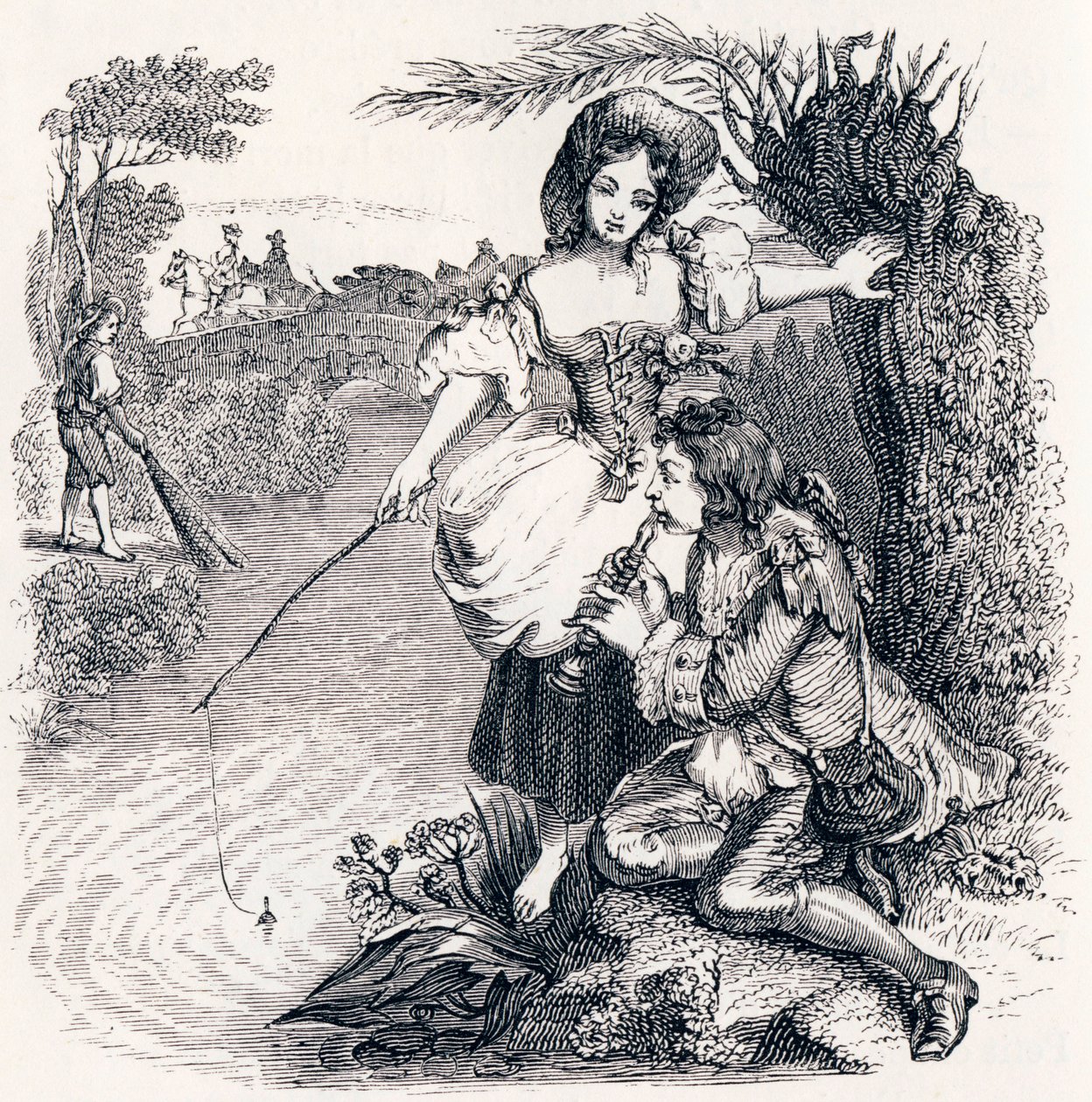 Kalat ja paimen, joka soittaa huilua (Les poissons et le berger qui joue de la flute) - Fables by La Fontaine tekijältä Grandville