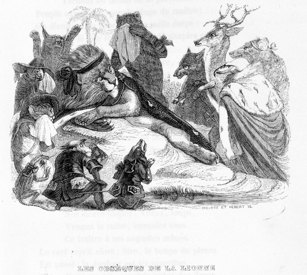 Leijonan hautajaiset - "" Fables de La Fontaine"" ill. kirjoittanut Grandville tekijältä Grandville