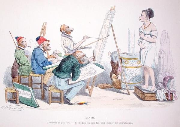 "Malli on täydellisesti muotoiltu häiriötekijöitä varten", karikatyyri "Les Metamorphoses du Jour" -sarjasta, uusintapainos vuonna 1854 (värinen kaiverrus) tekijältä Grandville