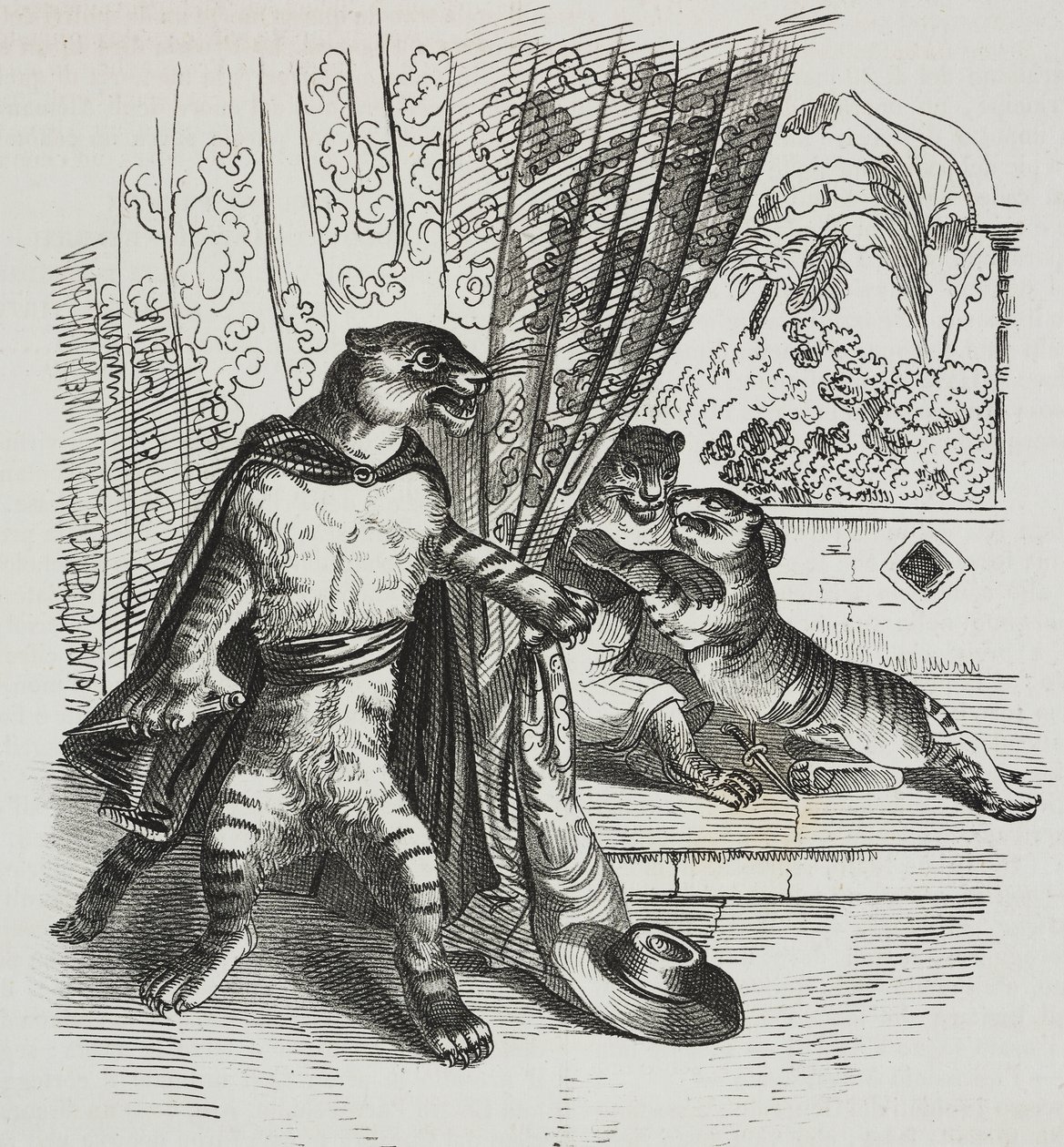 Tiikeri etenee tikarin kanssa, karikatyyri Jean-Jacques Grandville (1803-1847), litografia Gaetano Riccio Poliorama Pittorescosta, n. 39, 7. toukokuuta tekijältä Grandville