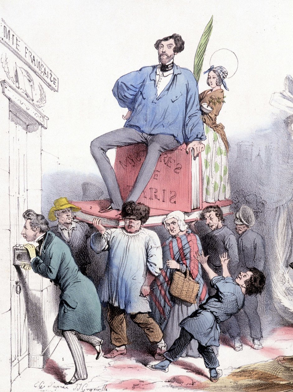 Alfred de Vigny kolkuttelemassa Akatemian oveen täydellisineen teoksineen ja Eugène Sue, joka istuu "" Les mystères de Paris" -teoksella, pukeutunut prinssi Rodolphen siniseen kangaspalettiin - Grandville, "" Le Charivari""" 21/02/1844 tekijältä Grandville