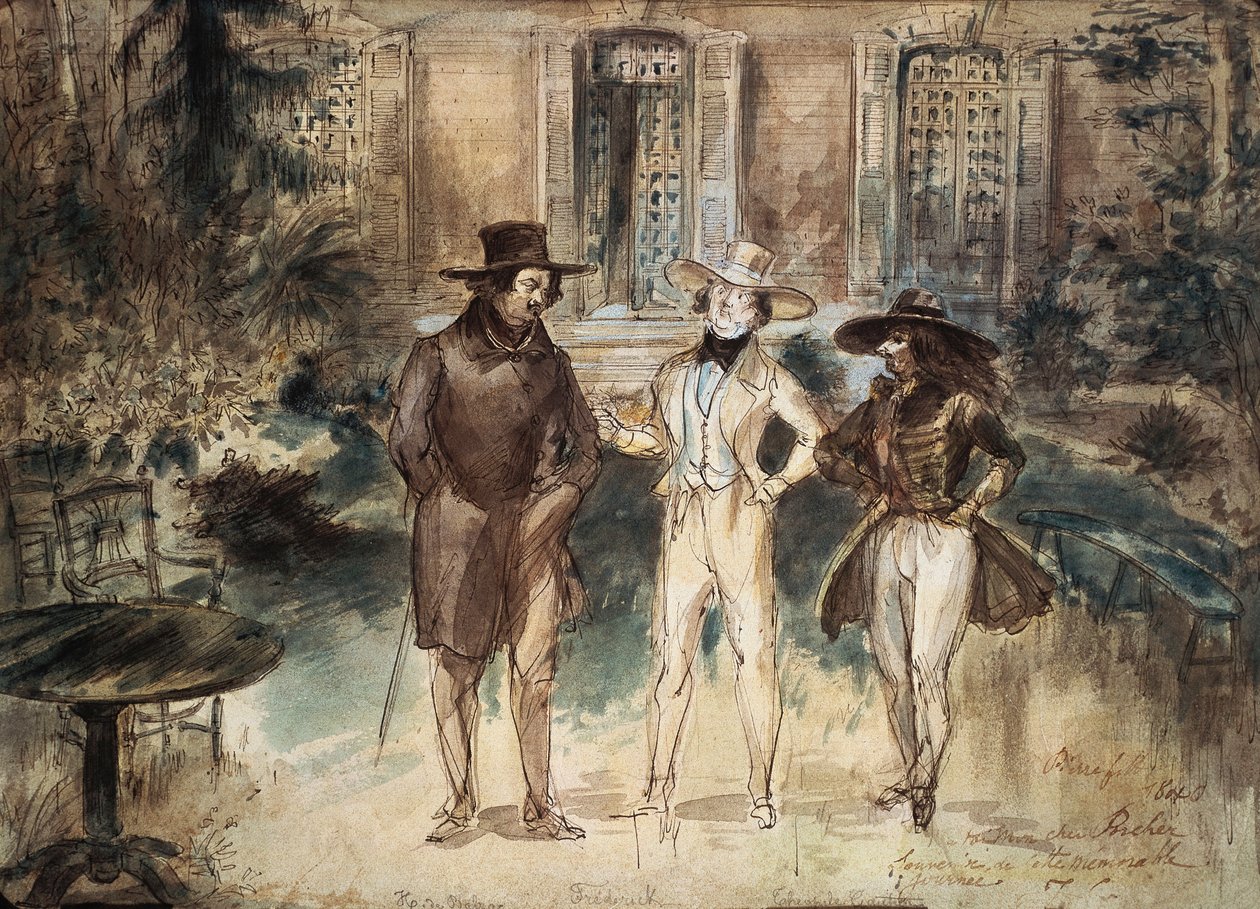 Gerard Granvillen karikatyyri Honore de Balzacista, Frederick Lemaitresta ja Theophile Gautierista tekijältä Grandville