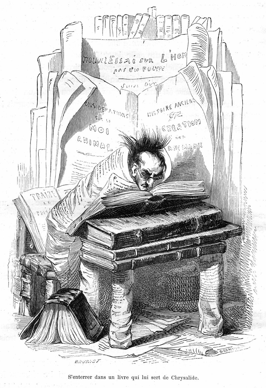 Sarjakuva: Grandvillen kaiverrus, otettu kirjasta "Eläinten yksityinen ja julkinen elämä (Les animaux painted by them memes)", Hetzelin painos 1867 s. 563 - Luku nimeltään Tablets of the G tekijältä Grandville (1803 47)