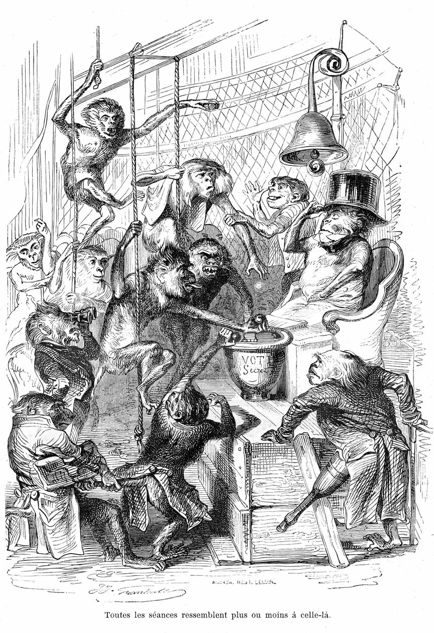 Sarjakuva: Grandvillen kaiverrus, otettu kirjasta "Eläinten yksityinen ja julkinen elämä (Les animaux painted pa them memes)", Hetzelin painos 1867 s. 566 - Luku otsikolla "Tabletit Gira tekijältä Grandville (1803 47)