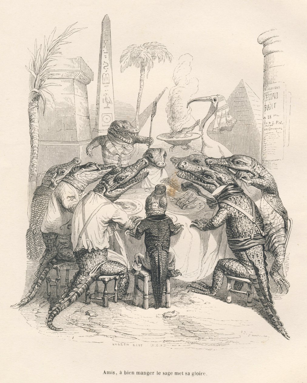 Krokotiilit pöydän ympärillä Egyptissä. JJ Granvillen kuvittamat pikkukuvat. Kaiverrus allekirjoitettu Andrew, Best ja Leloir Emile de La Bedollieren kirjoittamassa osassa "Muistoja krokotiilista" "Kohtauksia eläinten yksityisestä ja julkisesta elämästä". tekijältä Grandville