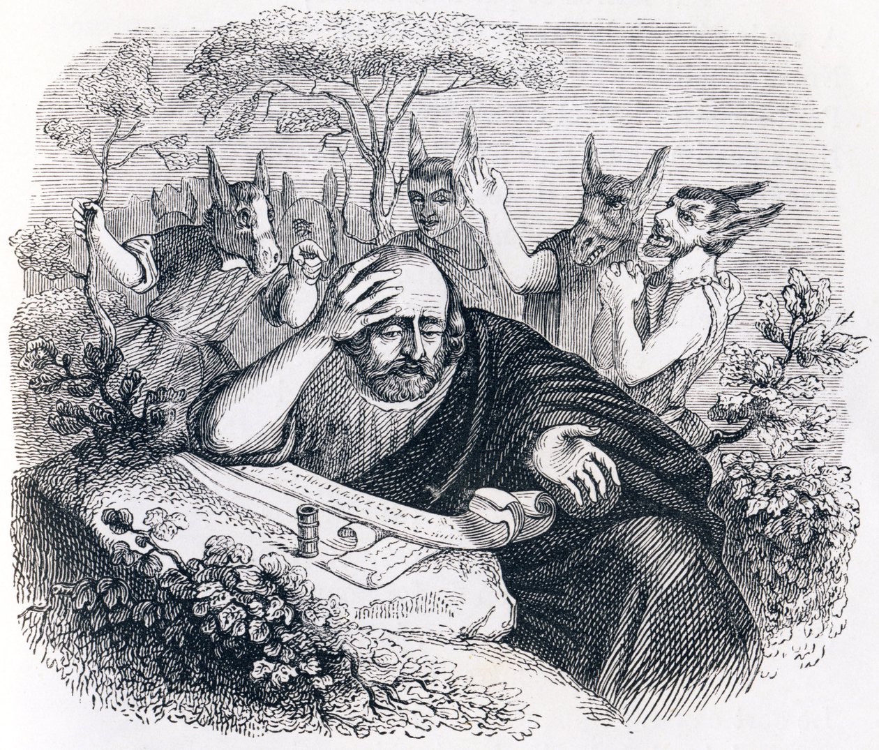 Demokriitti (460-370 eKr.). ja Abderitanit. (Kirje Hippokrateelta) - La Fontainen tarinoita tekijältä Grandville