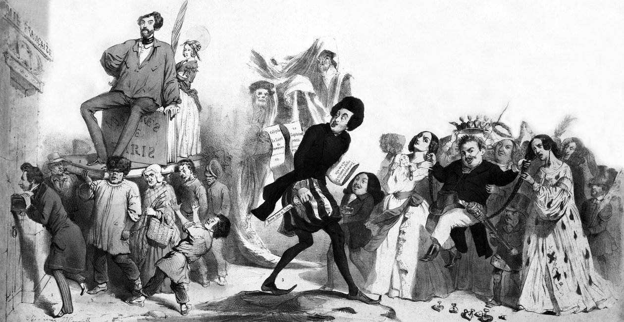 Ranskalaiset romanttiset kirjailijat (Alfred de Vigny, Victor Hugo, Alexandre Dumas isä, Honore de Balzac ) haluavat päästä Ranskan akatemiaan, mutta ovet ovat suljettu, kaiverrus. tekijältä Grandville (1803 47)