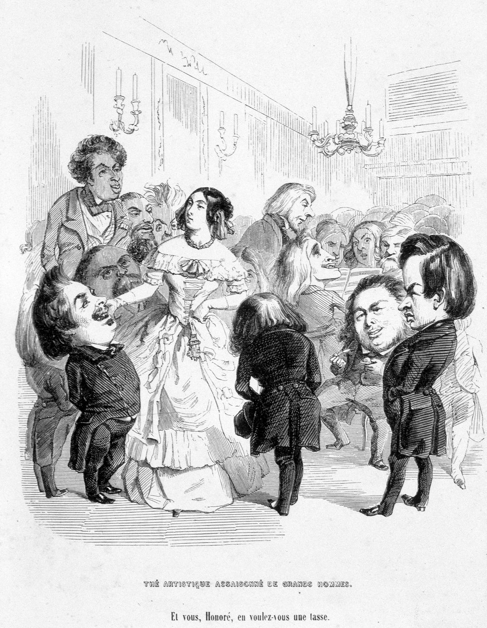 George Sand (Aurore Dupin, Baronne Dudevant) (1804-1876) neljän kirjailijan ympäröimänä: Eugene Sue, Honore de Balzac, Franz Litz ja Victor Hugo - Jerome Paturot