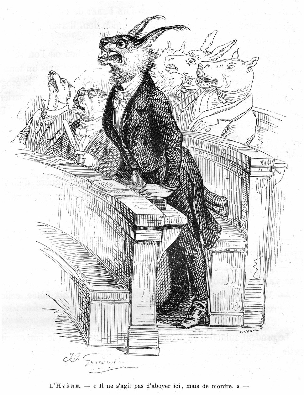 Grandvillen kaiverrus, otos kirjasta Eläinten yksityinen ja julkinen elämä (Les animaux ints par them memes), painos Hetzel 1867 - Karikatyyri ihmisen poliittisesta kokouksesta - Erilaisten eläinten (koirien, aasin, virtahevon...), hyeenin ja muiden eläint tekijältä Grandville (1803 47)