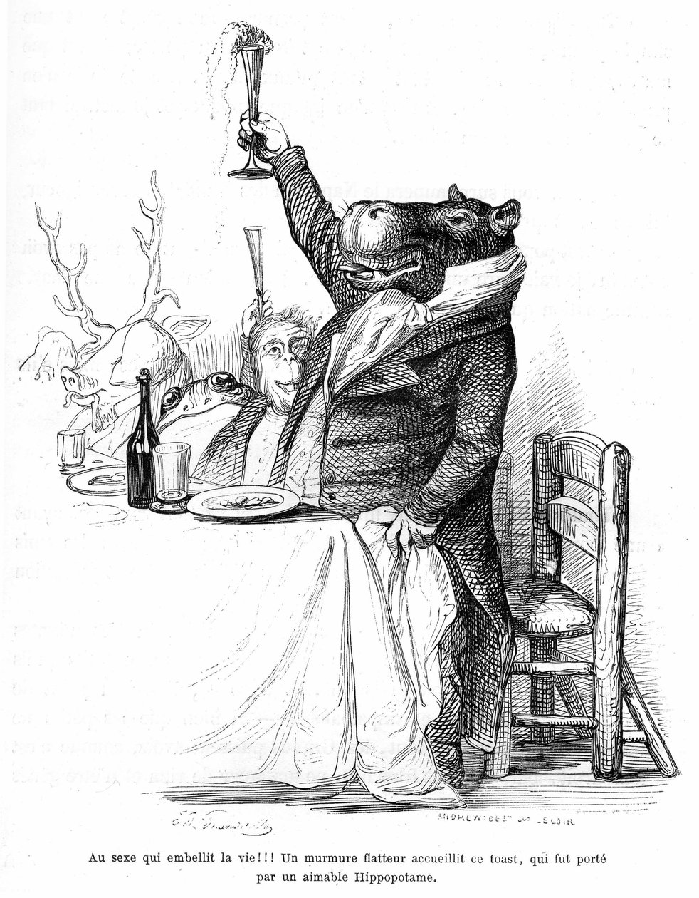 Grandvillen kaiverrus, kirjasta Eläinten yksityinen ja julkinen elämä (Les animaux ints par eux memes), painos Hetzel 1867 - Hippotamus maailmankatsomuksellisesti juhlapöydässä, nostaa lasinsa ja kantaa maljan. Legenda: Seksi, joka kaunistaa elämää! tekijältä Grandville (1803 47)