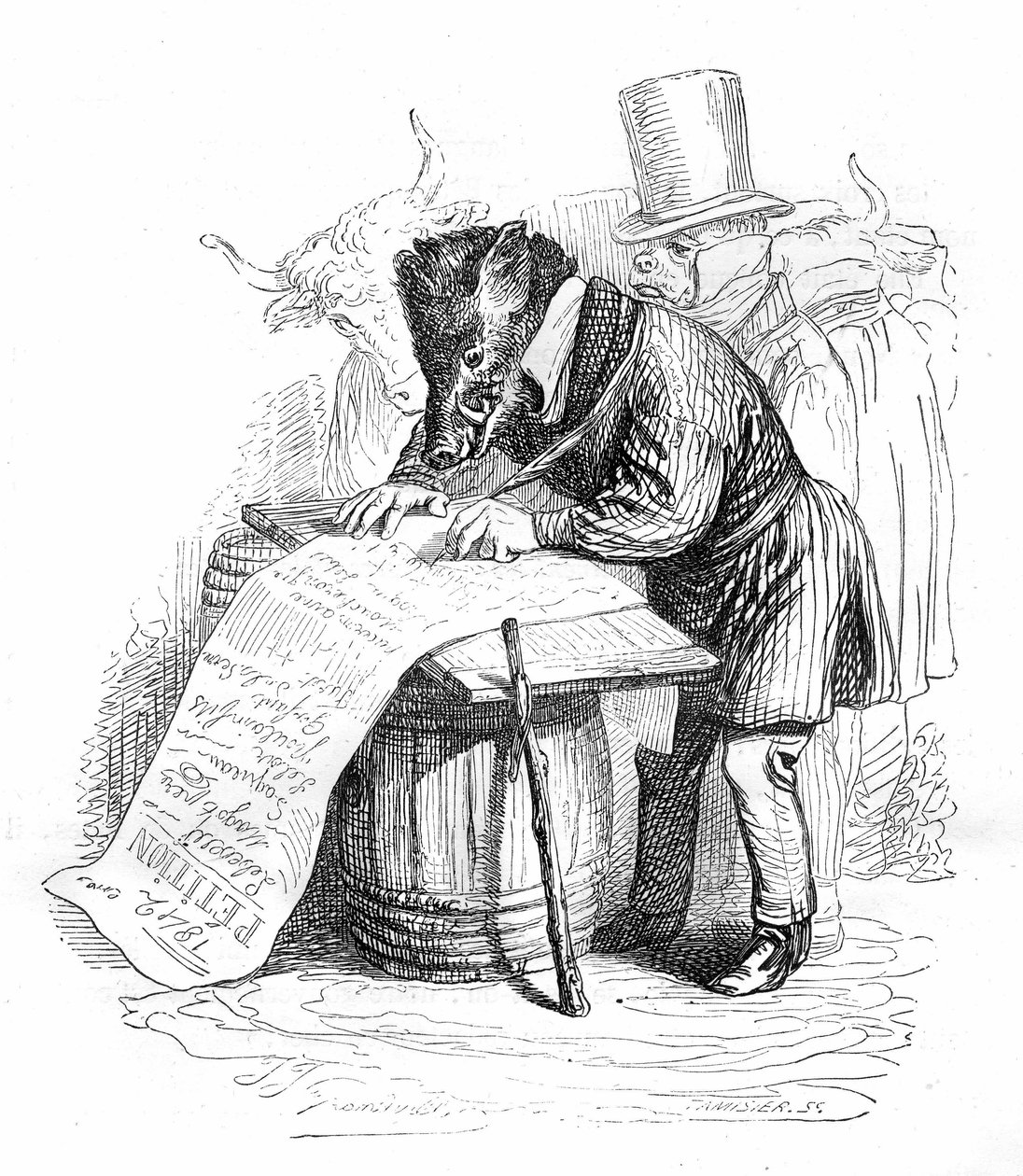 Grandvillen kaiverrus kirjasta "Eläinten yksityinen ja julkinen elämä (Les animaux painted par eux memes)", Hetzelin painos 1867 - Karikatyyri: villisika kirjoittaa vetoomusta. tekijältä Grandville (1803 47)