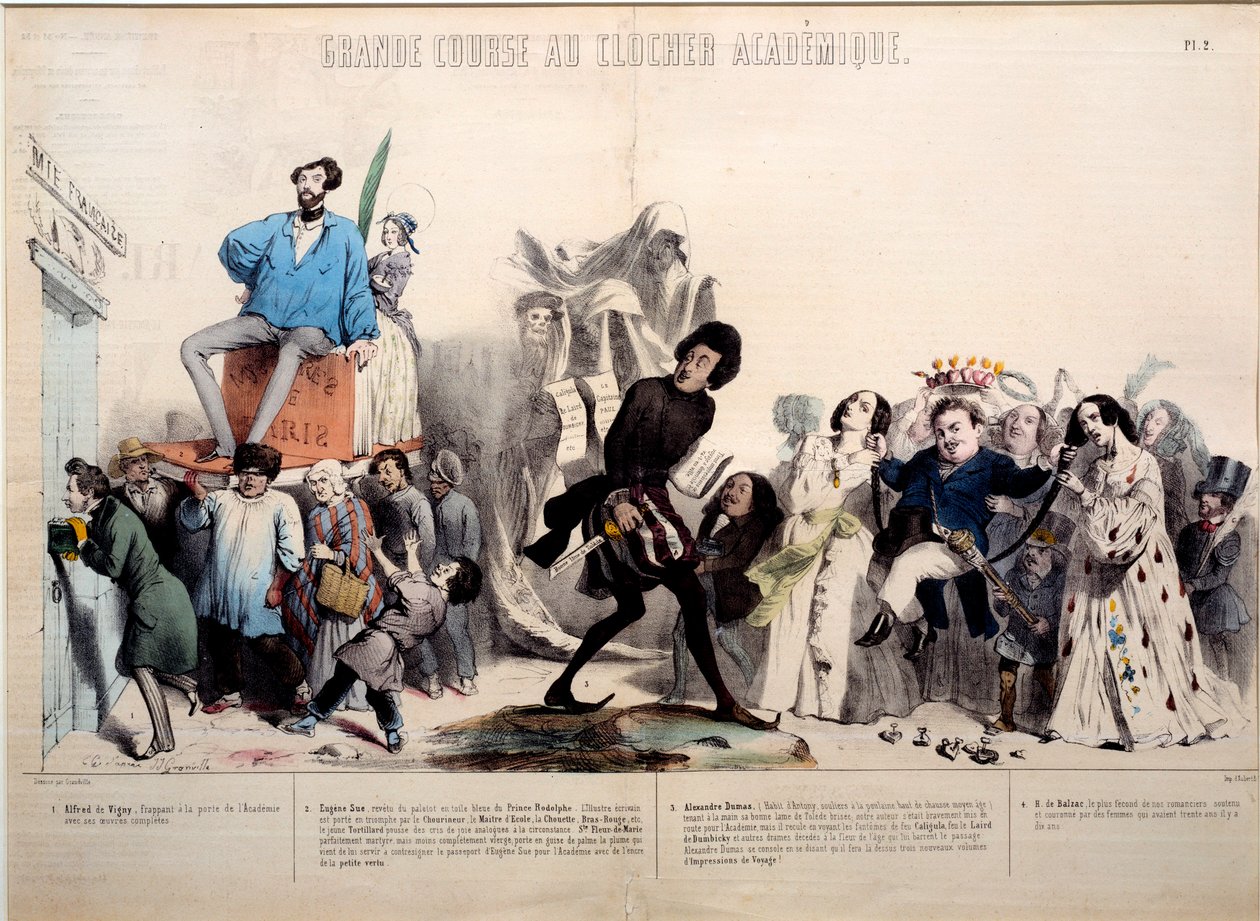 Hieno kilpailu akateemiseen kellotorniin. Kirjailijat Alfred de Vigny (1797-1863), Eugene Sue (1804-1857) Alexandre Dumas (1802-1870) ja Honore de Balzac (1799-1850) tunnustetaan. Gerard Grandvillen (1803-1847) kaiverrus. tekijältä Grandville