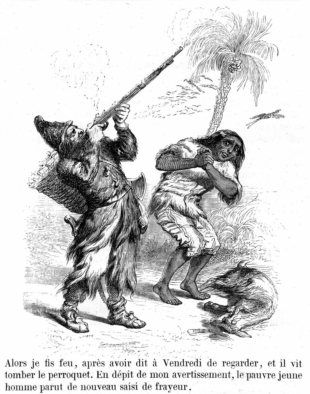 Kuvitus Daniel de Foen (DeFoe) romaaniin Robinson Crusoe, Grandville - edition Garnier 1869 s193. Robinson ampuu kiväärillä frighy Fridayn edessä. tekijältä Grandville (1803 47)