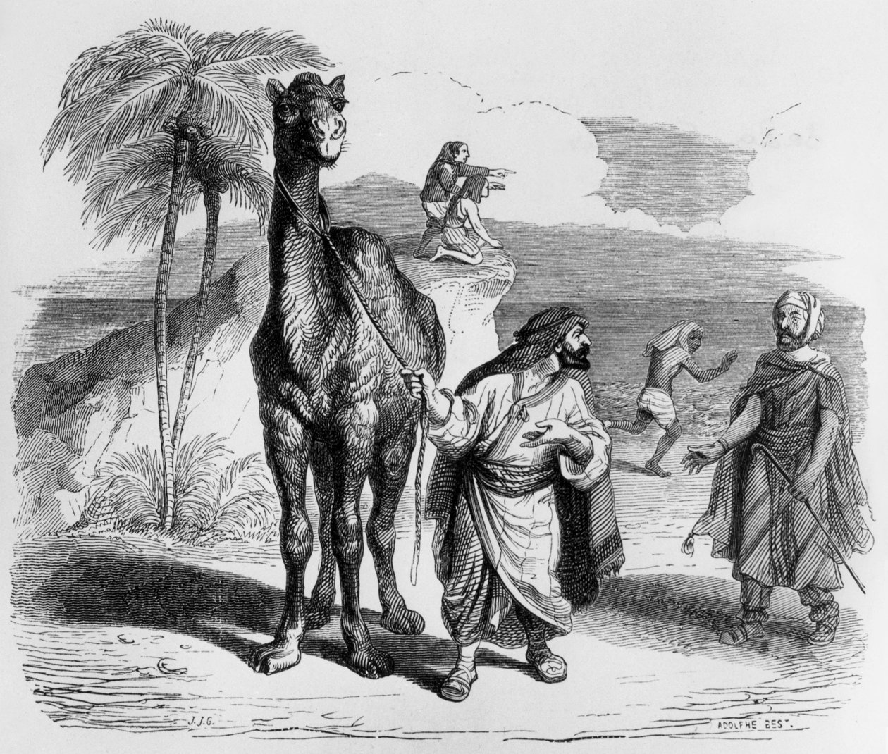 La Fontainen satu (Jean de La Fontaine) : kameli ja kelluvat kepit, J.J. Grandvillen kaiverrus, n. 1838-40. tekijältä Grandville (1803-47)