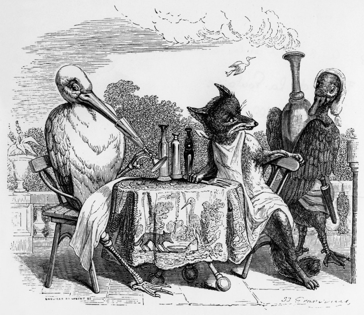 La Fontainen satu (Jean de La Fontaine) : kettu ja haikara, J.J. Grandvillen kaiverrus, n. 1838-40. tekijältä Grandville (1803 47)