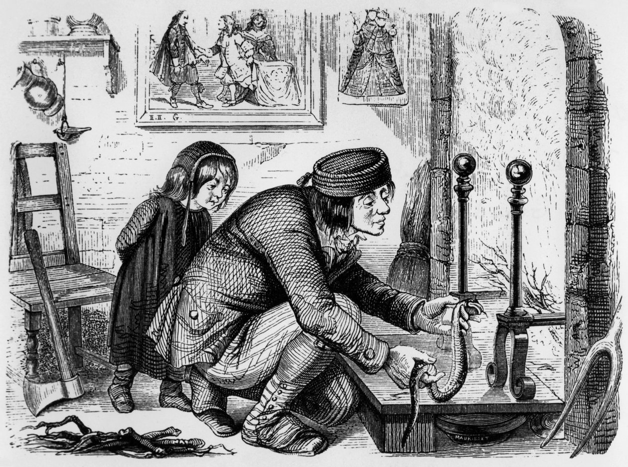 La Fontainen satu (Jean de La Fontaine) : maanviljelijä ja kyy, J.J. Grandvillen kaiverrus, n. 1838-40. tekijältä Grandville (1803 47)