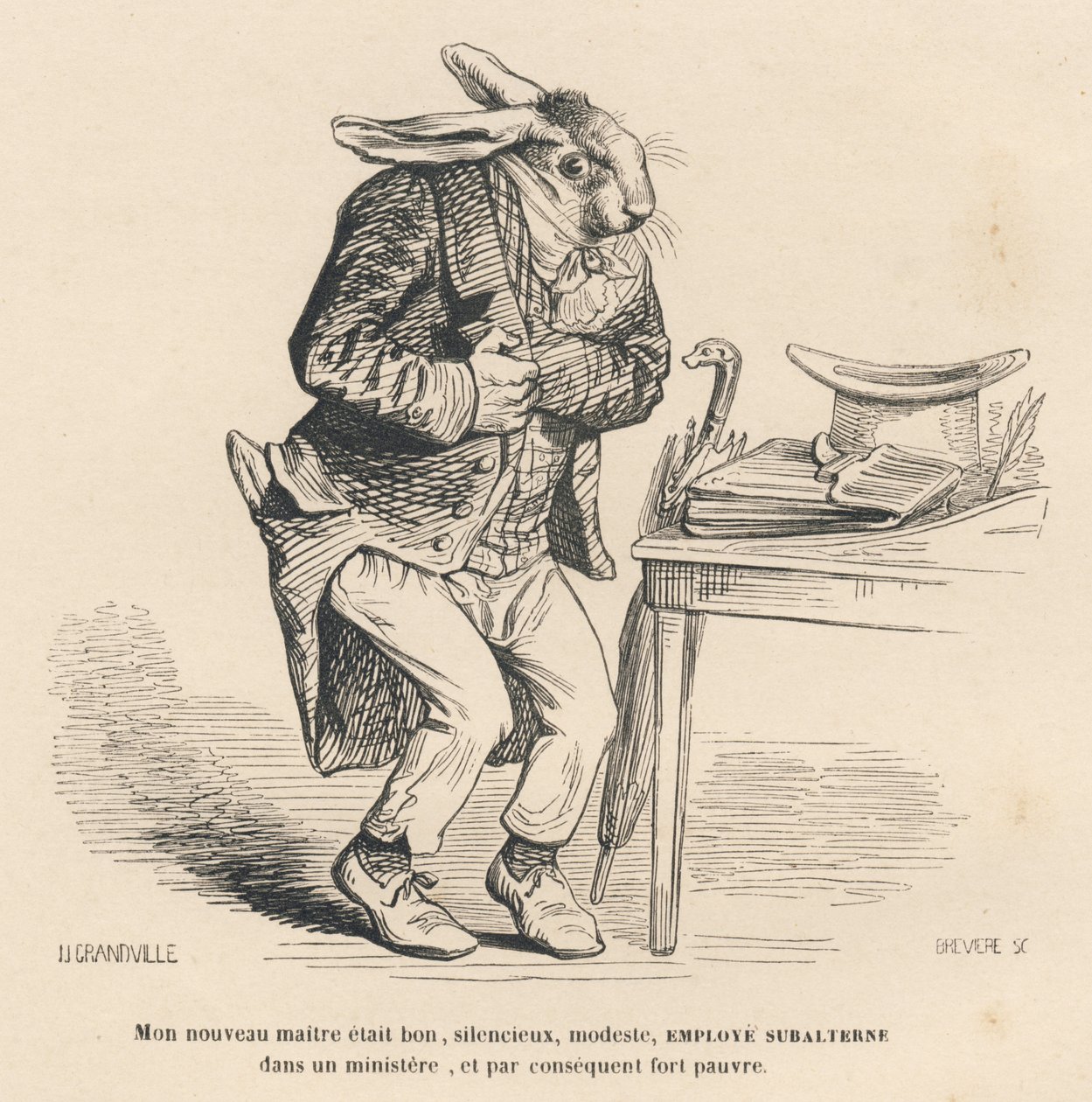 Kani ministeriön nuorempana työntekijänä. Vinjetit kuvittanut JJ Granville. Brevieren signeeraama kaiverrus PJ Stahlin kirjoittamassa osassa "Jäniksen historia" "Eläinten yksityisen ja julkisen elämän kohtaukset". Paris, J. Hetzel ja Paulin tekijältä Grandville