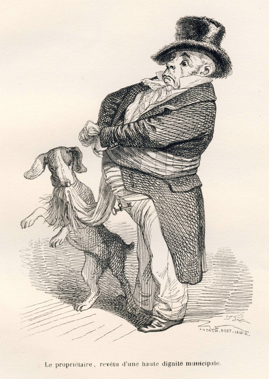 Omistaja, pukeutunut korkeaan kunnalliseen arvokkuuteen. Vinjetit kuvittanut JJ Granville. Kaiverrus allekirjoitettu Andrew, Best ja Leloir Charles Nodierin kirjoittamassa osassa "Kettu kiinni ansasta" "Scenes from the private and public life of the Years" tekijältä Grandville