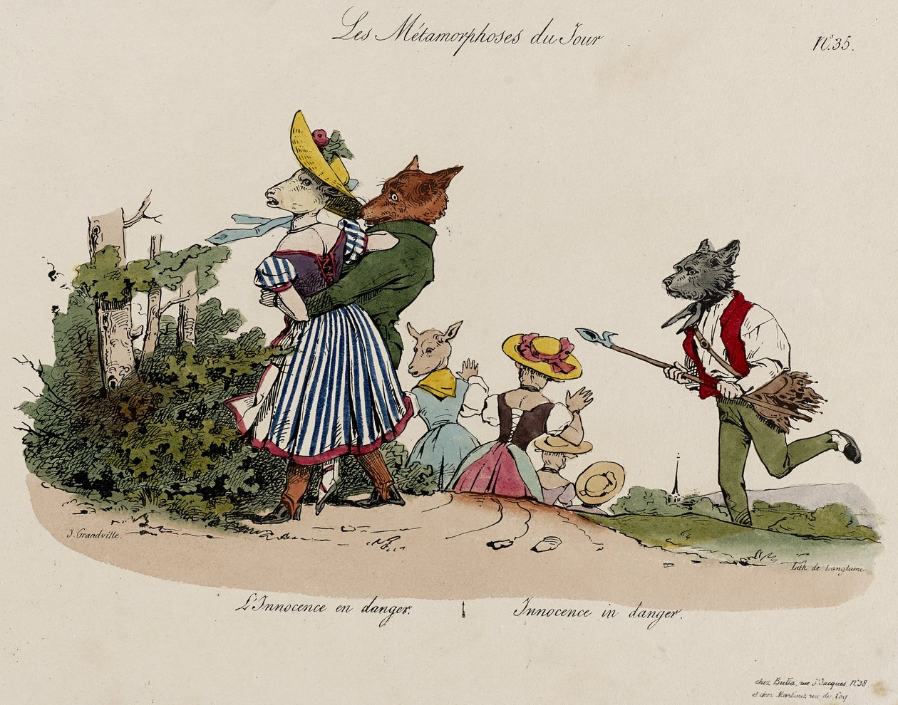 Les Metamorphoses du Jour, nro 35 (käsinvärinen lito) tekijältä Grandville