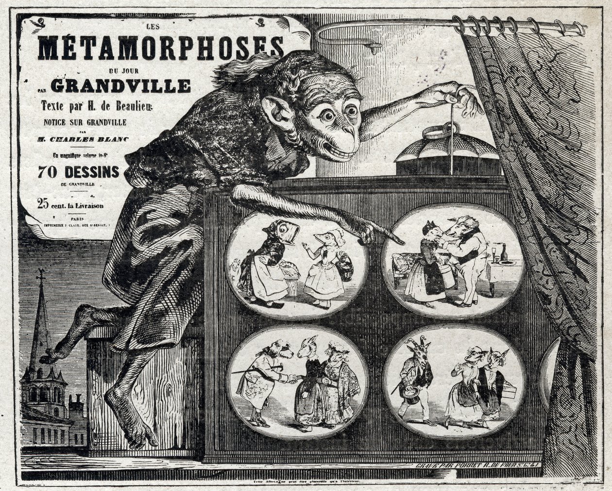 Panitikan. The Daily Metamorphosis, ng caricaturist na si Jean Jacques Grandville. Poster, Francefinn tekijältä Grandville
