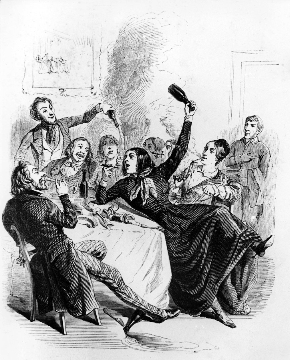 Kahden sukupuolen poikien lounas : miehiä ja naisia juomassa alkoholia ja tupakoimassa, piirros Jean Ignace Isidore alias JJ Grandville. tekijältä Grandville (1803 47)