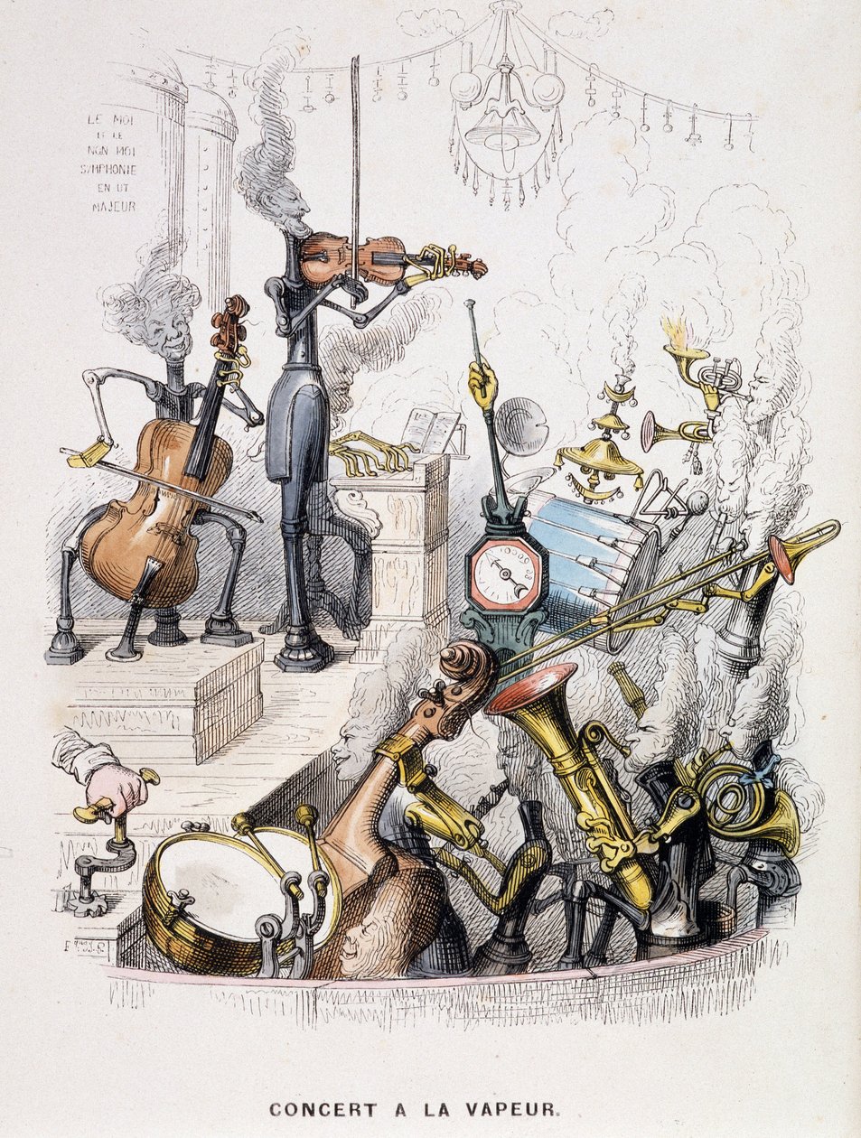 Muusikot muuttuivat koneiksi ja antavat "" Concert à la steam -konsertin" - Grandvillen "" Un autre monde" -kirjassa 1800-luvun lopulla. tekijältä Grandville