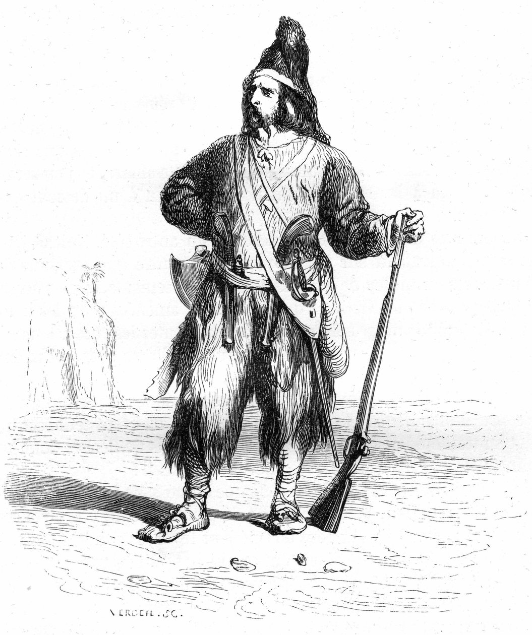 Muotokuva Robinson Crusoesta autiolla saarellaan kivääri ja aseet vyöllä - Grandvillen kuvitus Daniel Defoen romaaniin (De Foe) - Garnierin painos 1869 s 155. tekijältä Grandville (1803 47)