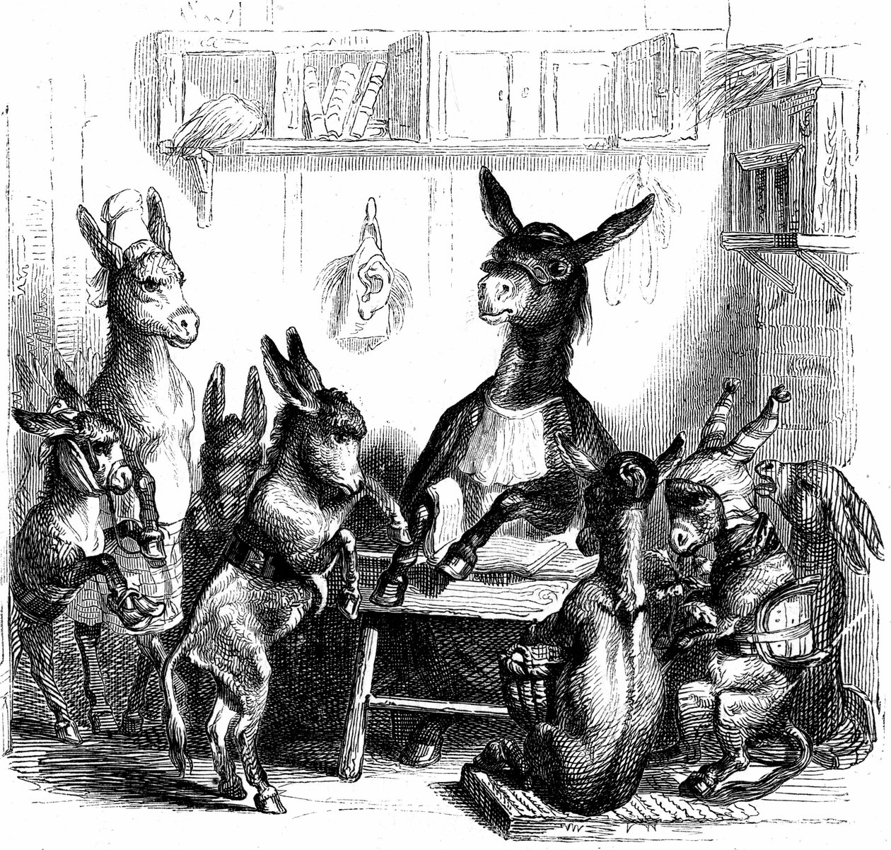 Kohtaus Balzacin kirjoittamasta "Les animaux peints par eux-memes - Vie privee et publique des animaux" -teoksesta tekijältä Grandville (1803 47)