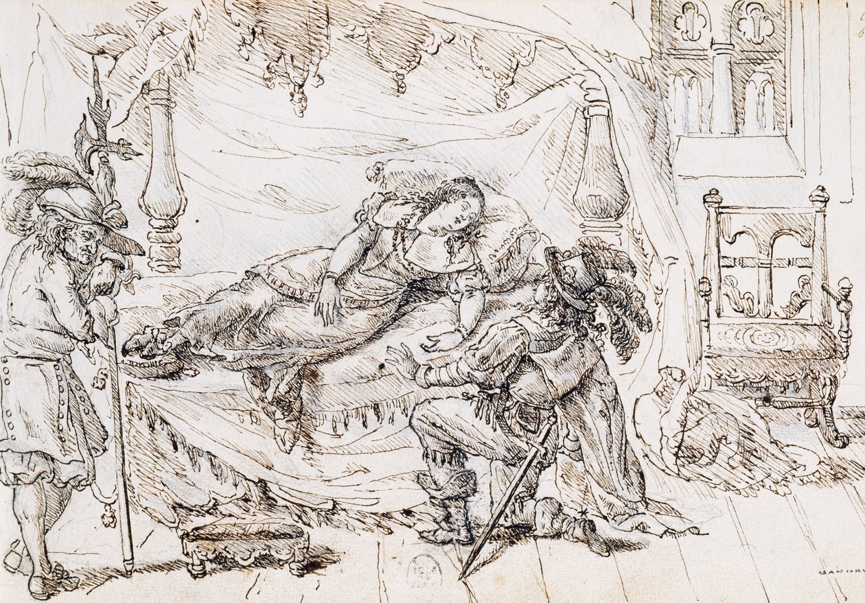 Sleeping Beauty, kuvitus Charles Perraultin (1628-1703) sadulle, kaiverrus Grandville (1803-1847) tekijältä Grandville