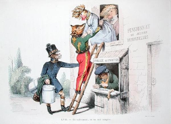 Sieppaus tai Ovela Ruki, karikatyyri Les Metamorphoses du Jour -sarjasta, uusintapainos vuonna 1854 (värinen kaiverrus) tekijältä Grandville