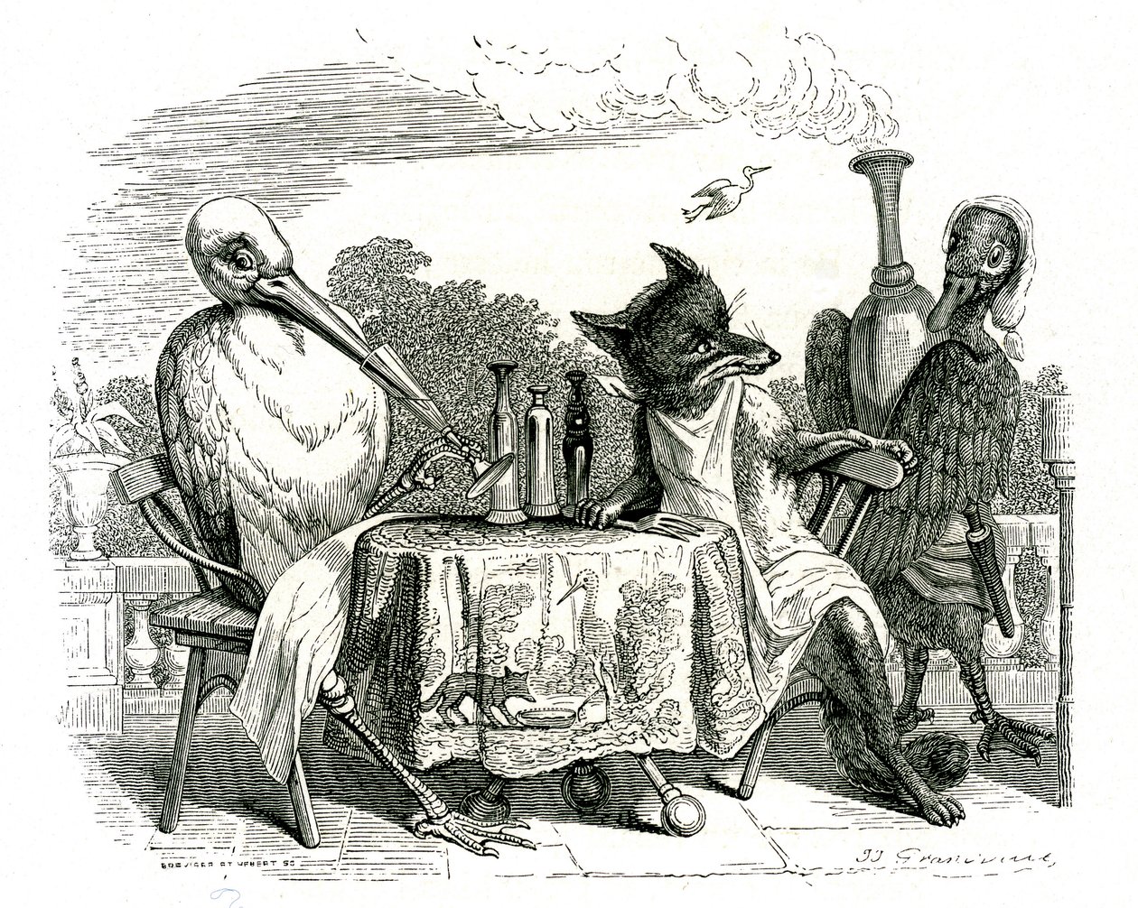 Kettu ja haikara, kuvitus teoksesta "Fables of La Fontaine" (litho) tekijältä Grandville