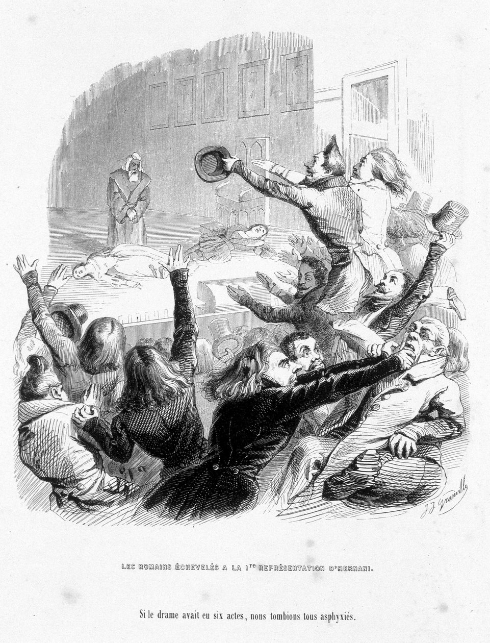 Roomalaisilla on Victor Hugon (1830) ensimmäinen Hernani-esitys. Sarjakuva "" Jerome Paturot etsimässä sosiaalista asemaa"", kirjoittanut Louis Reybaud tekijältä Grandville
