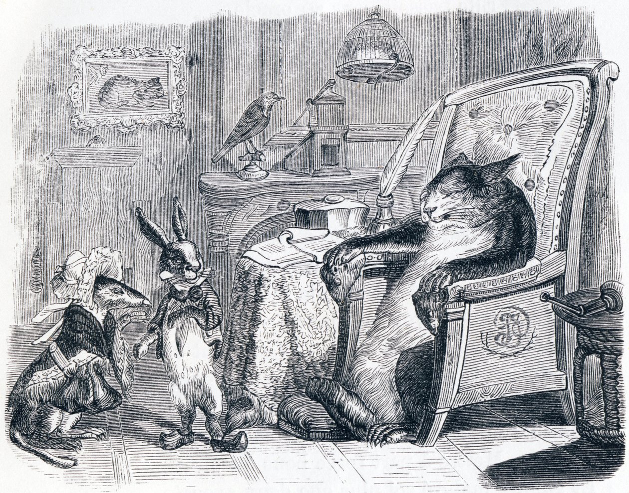 Kissa, lumikko ja pieni kani (Le chat, la belette et le petit lapin) - La Fontainen tarinoita tekijältä Grandville