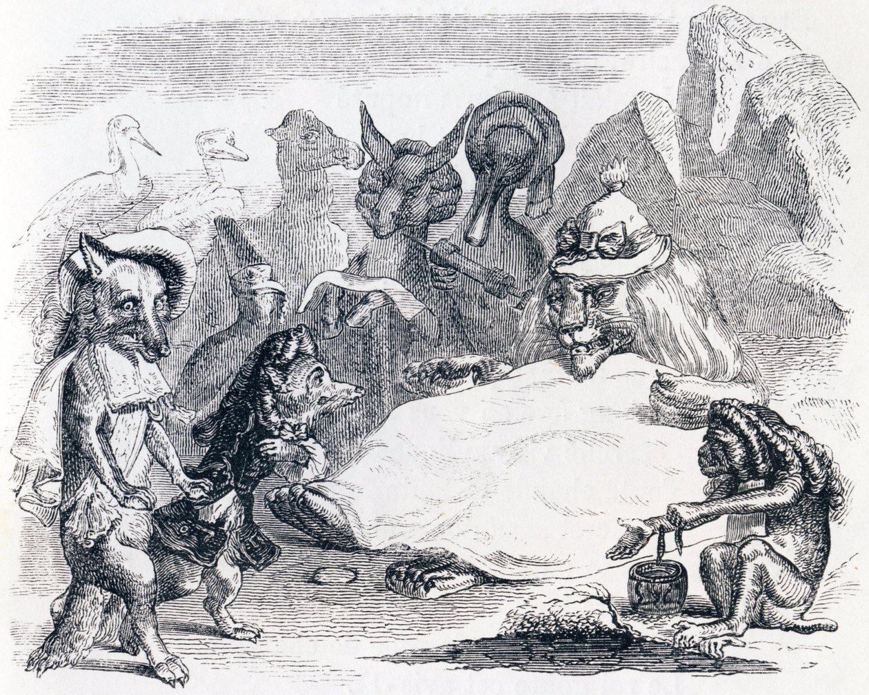 Le lion, le loup et le renard (Le lion, le loup et le renard) - La Fontainen tarinat. tekijältä Grandville